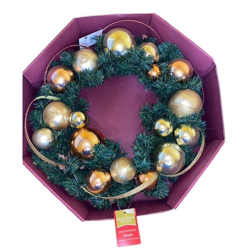 Holiday Place Garland Greenery 24in PVC Ball Wreath With Gold Accents